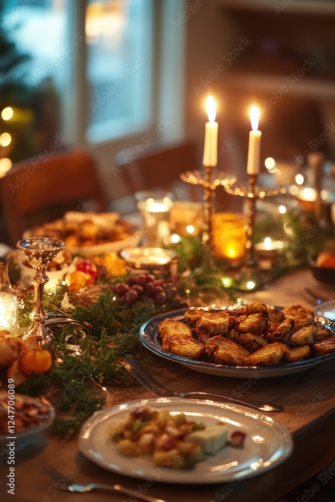 A festive Hanukkah dinner with a menorah, latkes, and family joy A festive Hanukkah dinner with a menorah, latkes, and family joy