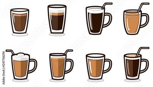 Wallpaper Mural A colorful illustration of various beverage glasses, showcasing different types of drinks including coffee and beer, each with a unique style and straw. Torontodigital.ca