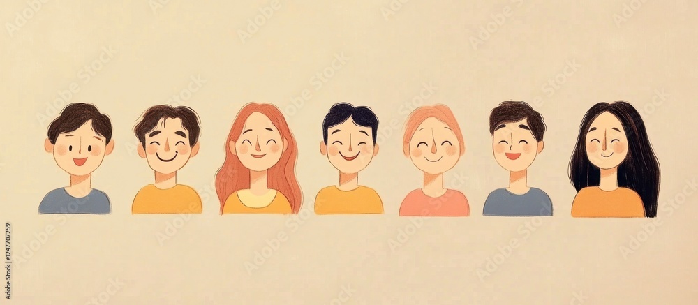 Happy Faces: Group of Smiling Characters on Beige, Concept of Unity Happy Faces: Group of Smiling Characters on Beige, Concept of Unity