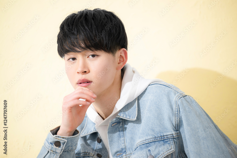 カメラ目線で考え事をする若い20代の男性のクローズアップ　美容やファッションなどのイメージ	