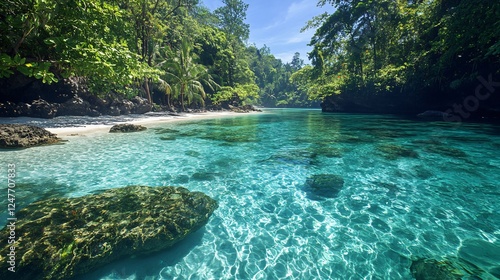 Bali’s serene beach, with clear turquoise waters, smooth white sand, and vibrant tropical plants. A calm, peaceful atmosphere under the sun
