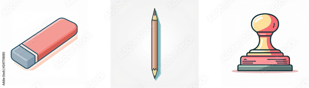 Three stationery items on a white background: a pink and blue eraser, a brown pencil, and a wooden stamp with a handle. Three stationery items on a white background: a pink and blue eraser, a brown pencil, and a wooden stamp with a handle.
