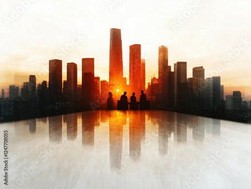 Wallpaper Mural A stunning sunset casts a warm glow over a city skyline, with silhouettes of people enjoying the view from a reflective rooftop. Torontodigital.ca