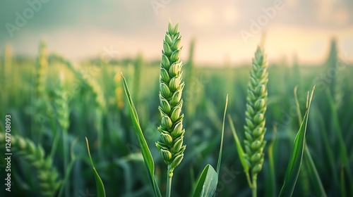 Close up of green ears of wheat growing in a field on a sunny day