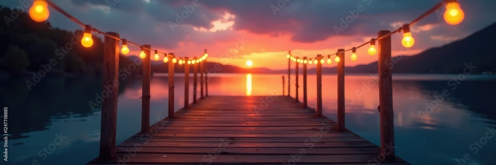 Obraz premium Twinkling string lights on wooden dock at sunset, wooden dock, twinkle, soft glow