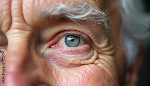 Close-up view of senior person eye showing joy, age. Wrinkles, crow feet around eye prominent. Eye light blue. Person appears happy, content. Image suitable for illustrating concepts of aging, photo