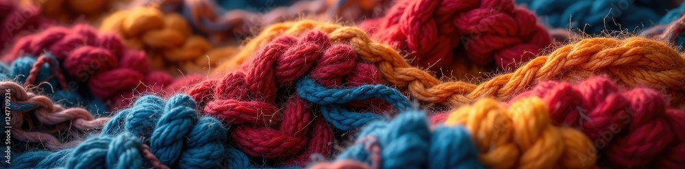 Twisted yarns weave through rustic fabric to create knitted blanket wrap, handmade craft, twisted yarns Twisted yarns weave through rustic fabric to create knitted blanket wrap, handmade craft, twisted yarns
