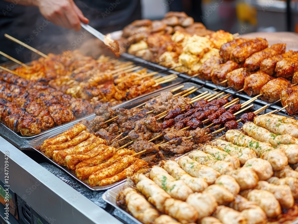 Assortment of Delicious Grilled Street Food Skewers at a Food Stall Assortment of Delicious Grilled Street Food Skewers at a Food Stall