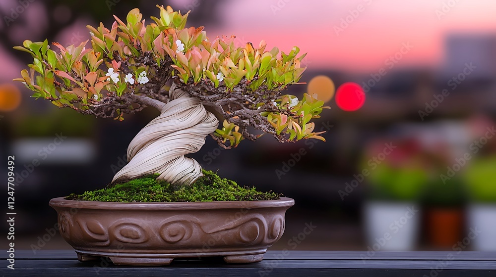 A beautifully crafted bonsai tree with vibrant leaves against a sunset backdrop, showcasing nature's artistry A beautifully crafted bonsai tree with vibrant leaves against a sunset backdrop, showcasing nature's artistry