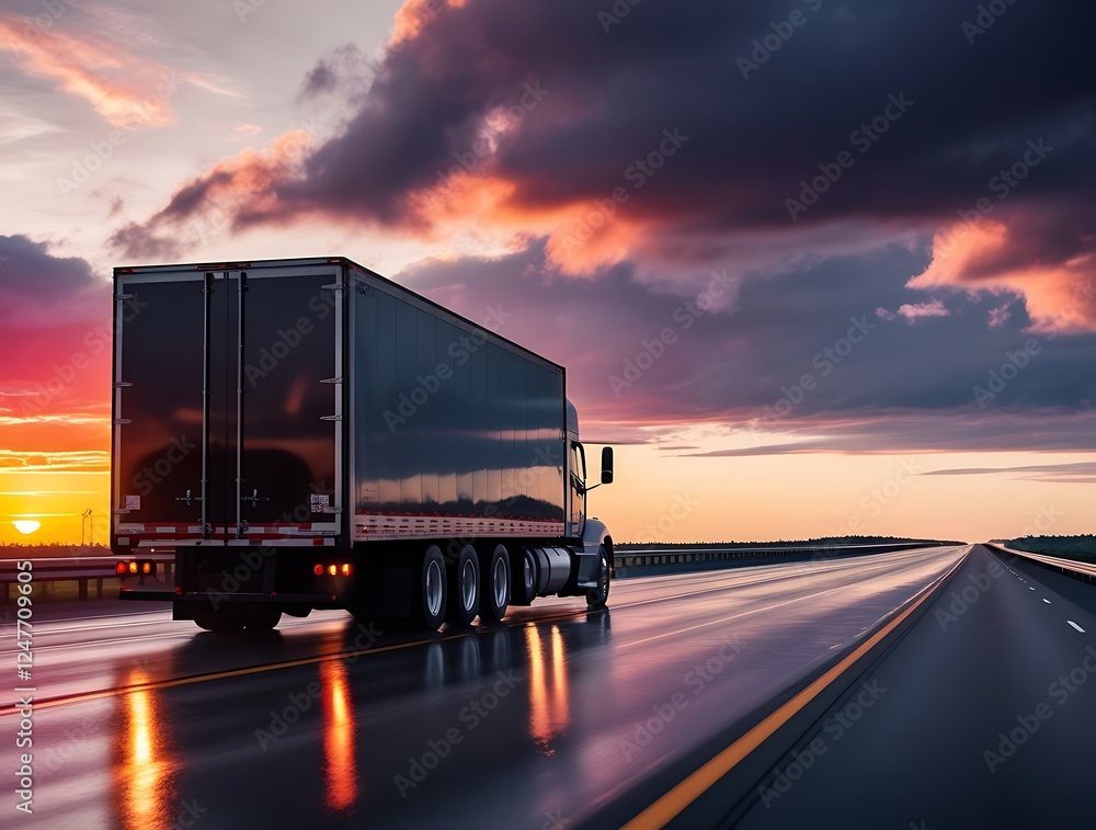 Large semi truck driving on a highway at sunset, reflecting warm golden light on its metallic surface, symbolizing transportation, logistics, freight shipping, and global trade
Large semi truck driving on a highway at sunset, reflecting warm golden light on its metallic surface, symbolizing transportation, logistics, freight shipping, and global trade