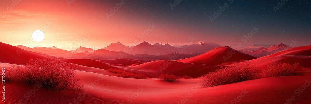 Desert landscape featuring a dramatic red sky illuminated by a bright moon at dusk Desert landscape featuring a dramatic red sky illuminated by a bright moon at dusk