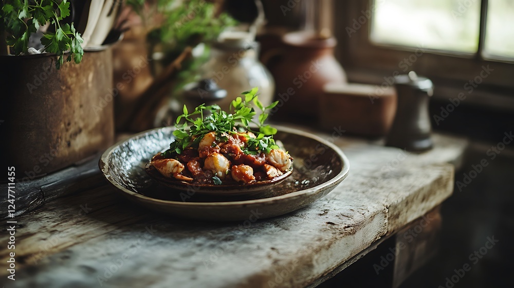 A rustic setup with a serving of chili crab on a ceramic plate A rustic setup with a serving of chili crab on a ceramic plate