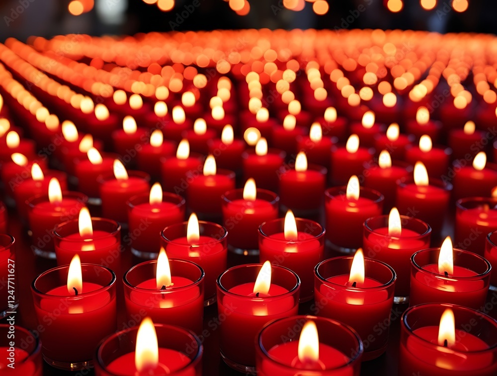 Rows of glowing red candles in glass holders creating a warm, spiritual, and meditative atmosphere, symbolizing remembrance, prayer, hope, and peace in a dark setting
Rows of glowing red candles in glass holders creating a warm, spiritual, and meditative atmosphere, symbolizing remembrance, prayer, hope, and peace in a dark setting