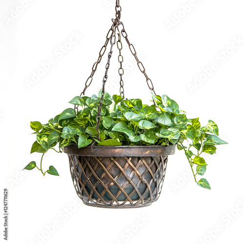 A single metal hanging plant basket, isolated on a clean white background, showcasing a simple and elegant design, ideal for home decor and gardening-related content