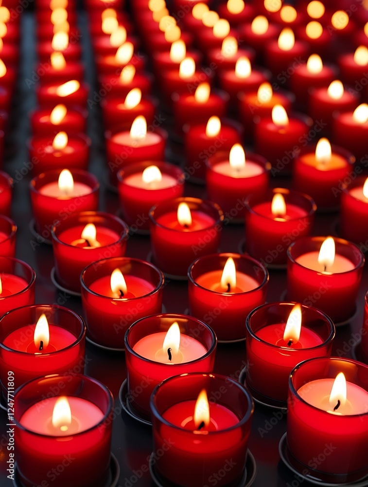 Rows of glowing red candles in glass holders creating a warm, spiritual, and meditative atmosphere, symbolizing remembrance, prayer, hope, and peace in a dark setting
Rows of glowing red candles in glass holders creating a warm, spiritual, and meditative atmosphere, symbolizing remembrance, prayer, hope, and peace in a dark setting