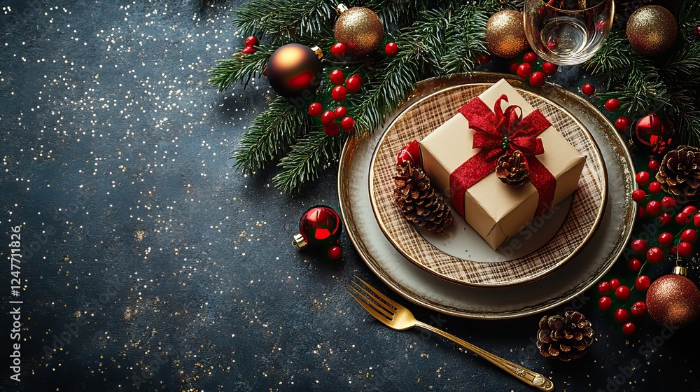 A Christmas feast table concept. plates with a present box, gilded flatware, a checkered napkin, a wine glass, baubles, glistening confetti, frosted fir, and mistletoe berries with space for text. A Christmas feast table concept. plates with a present box, gilded flatware, a checkered napkin, a wine glass, baubles, glistening confetti, frosted fir, and mistletoe berries with space for text.