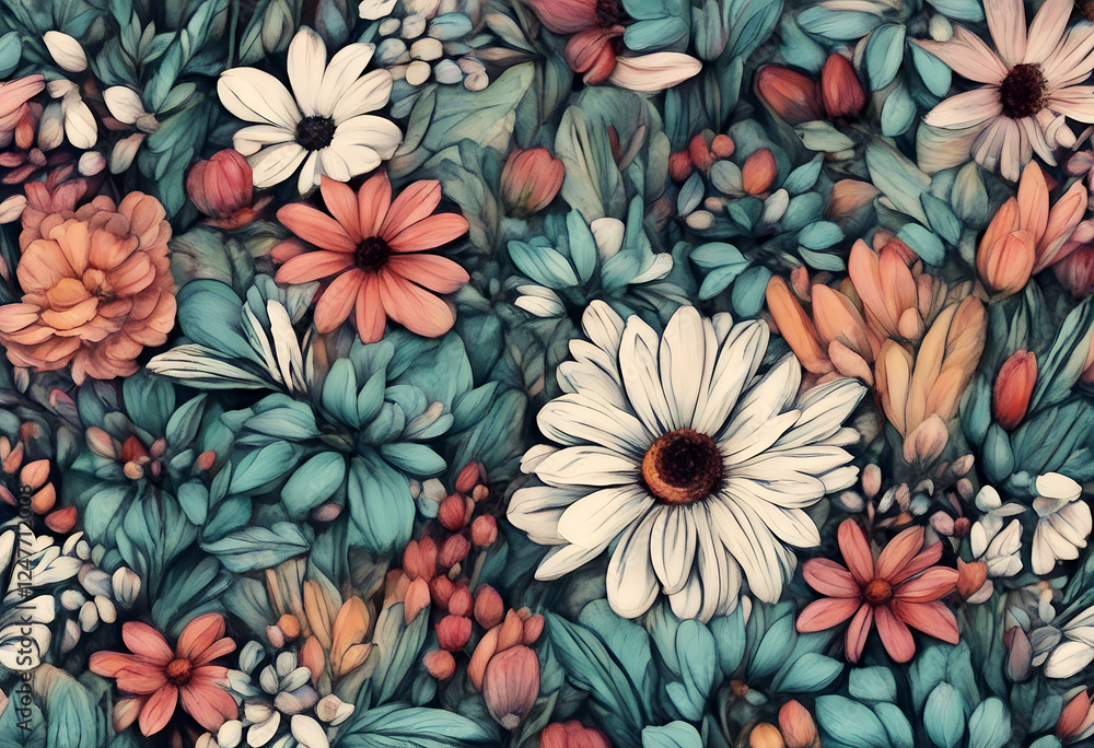 Naklejka premium blooming background flowers hand drawn colorful spring flat composition floral colourful flower beautiful leaf plant natural season garden blossom flora botanical bouquet bloom botany seasonal