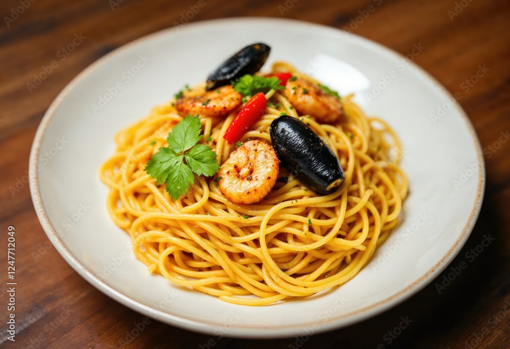 closeup view of delicious spaghetti with sea food closeup view of delicious spaghetti with sea food
