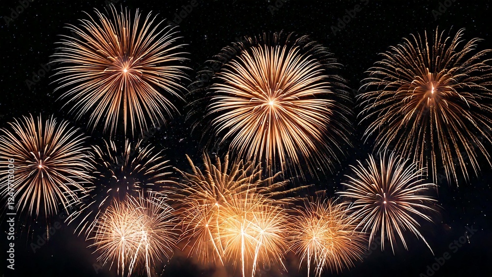 Naklejka premium 夜空に輝く綺麗で美しい打ち上げ花火のイメージ 背景素材 AI生成素材 オレンジ イエロー