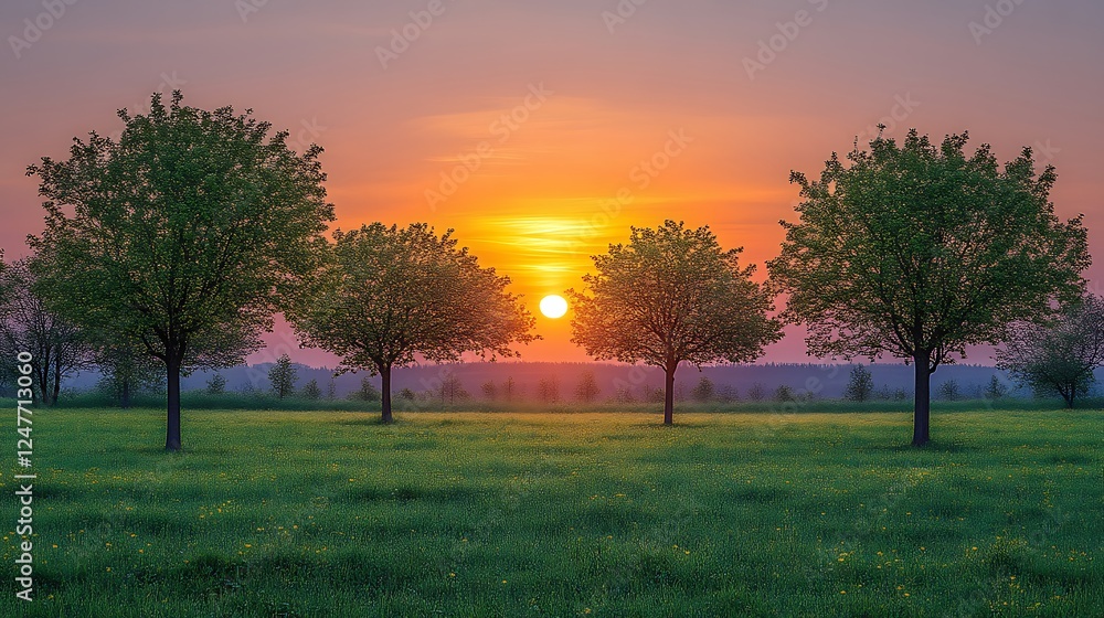 Sunset landscape with three trees in a field of wildflowers Sunset landscape with three trees in a field of wildflowers