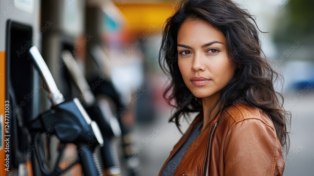 A Hispanic woman in her 30s reflects on fossil fuel depletion near an empty gas pump A Hispanic woman in her 30s reflects on fossil fuel depletion near an empty gas pump
