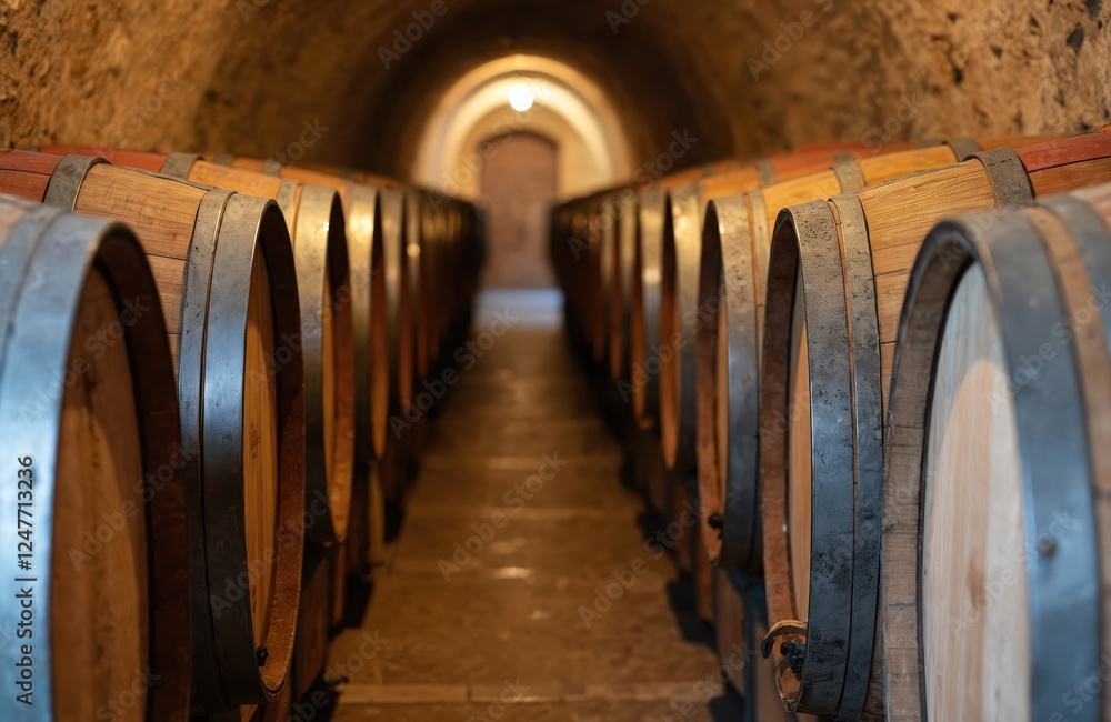 Old wine cellar in Santorini Greece. Many wooden barrels lined up. Cellar cool dark place. Wine storage. Traditional vintage winemaking. Agriculture scene. Wine production. Winemaking process. Old wine cellar in Santorini Greece. Many wooden barrels lined up. Cellar cool dark place. Wine storage. Traditional vintage winemaking. Agriculture scene. Wine production. Winemaking process.