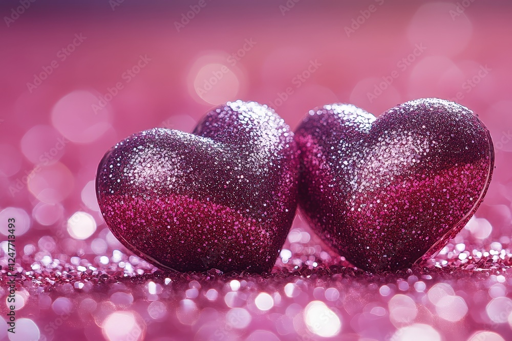 Fototapeta premium Two hearts placed on a pink glitter background creating a romantic and festive atmosphere