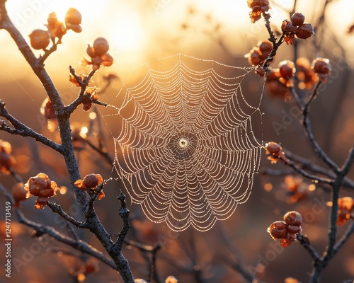 Dew-covered spiderweb at sunrise, autumn branches background, nature photography photo