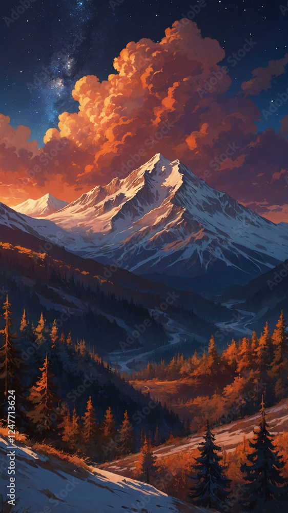 Obraz premium Peaceful Mountain Peak with Snowy Pine Forest Beneath a Red Dusk Sky with Clouds and Stars Twinkling Above Wallpaper Background Illustration Aesthetic