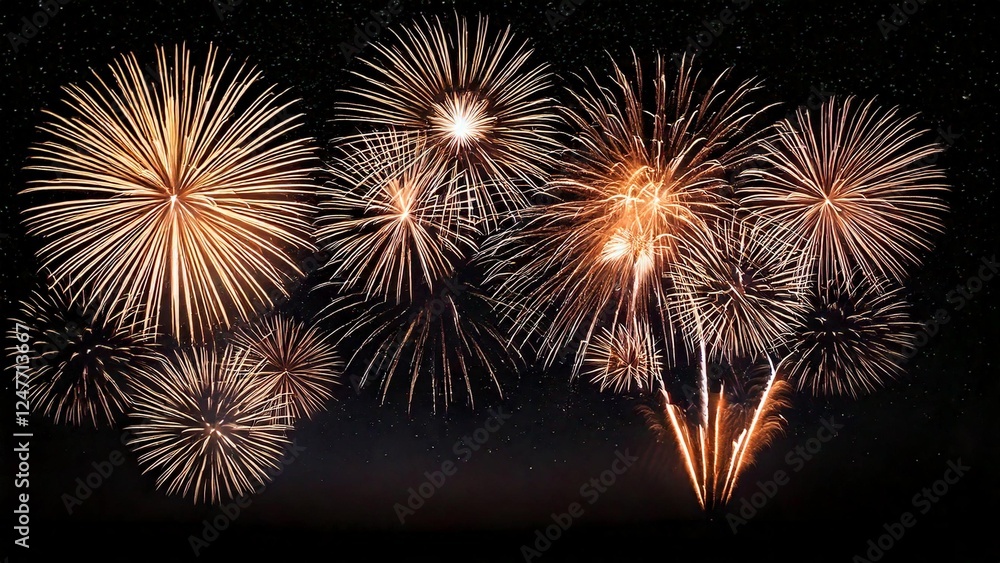 Naklejka premium 夜空に輝く綺麗で美しい打ち上げ花火のイメージ 背景素材 AI生成素材 オレンジ イエロー