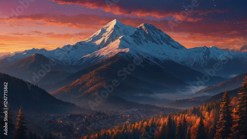 Peaceful Snow Laden Pines and Majestic Mountain Peaks Beneath a Red Dusk Sky with Clouds and Stars at Twilight Wallpaper Background Illustration Aesthetic