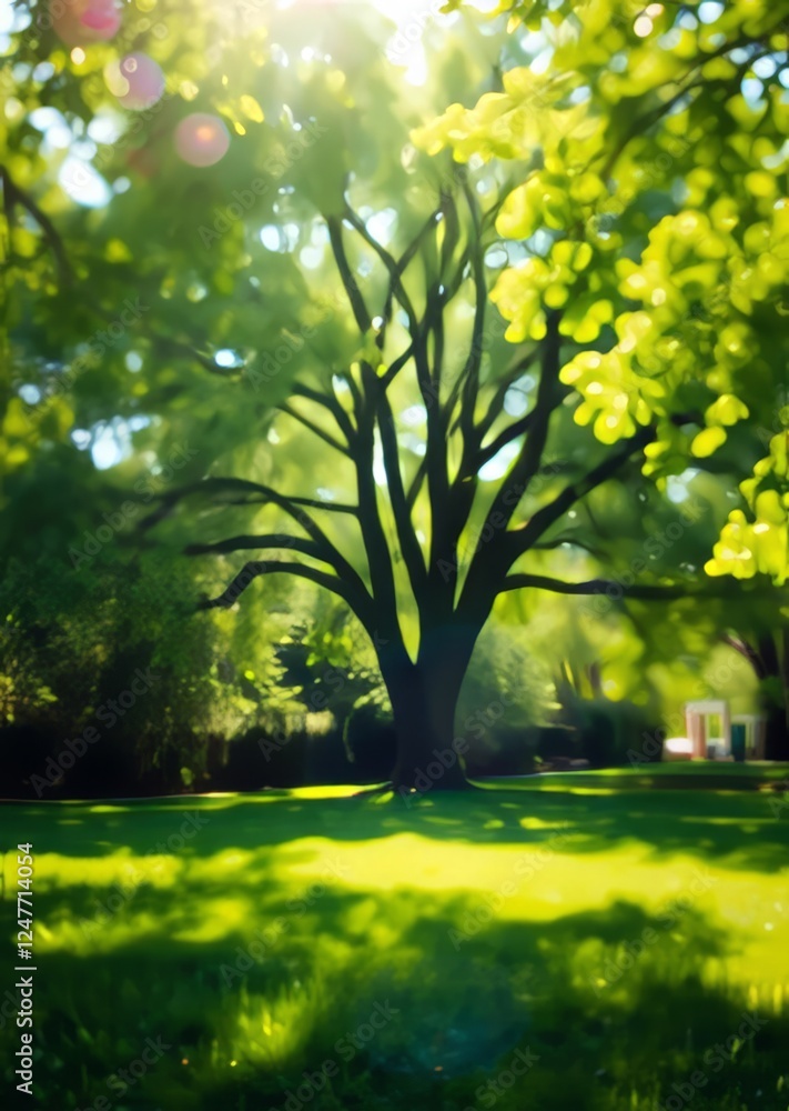 Obraz premium Natural green background with abstract blurred garden tree foliage and bright summer sunlight central copyspace for text or advertisment shiny field with lush color lawn bokeh green bokeh green abstra