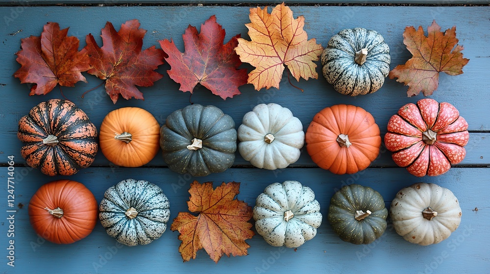 a collection of pumpkins and autumn leaves arranged on a blue wooden background, capturing the essence of fall. a collection of pumpkins and autumn leaves arranged on a blue wooden background, capturing the essence of fall.
