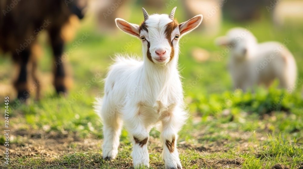 Adorable baby goat in pasture, lambs in background, springtime farm scene, idyllic rural setting Adorable baby goat in pasture, lambs in background, springtime farm scene, idyllic rural setting