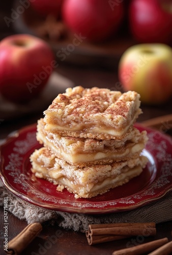Delicious Homemade Apple Dessert Bars with Cinnamon and Cheesecake Layer, Garnished with Fresh Apples and Cinnamon Sticks