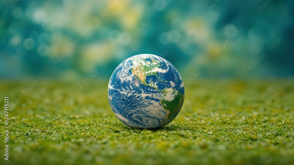 Earth globe on grass, green bokeh background; environmental awareness Earth globe on grass, green bokeh background; environmental awareness