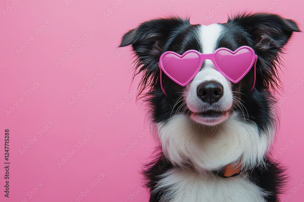 Fototapeta premium Dog wearing heart shaped sunglasses sitting outdoors on a sunny day