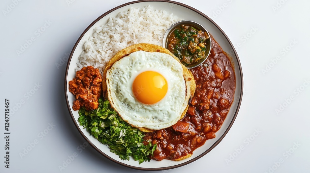 Overhead view of a delicious meal steamed rice, fried egg, curry, roti, chutney, and greens served on a plate. Overhead view of a delicious meal steamed rice, fried egg, curry, roti, chutney, and greens served on a plate.