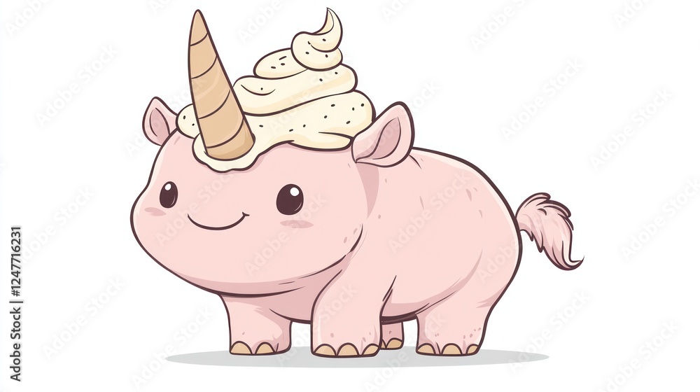 Pink rhino unicorn ice cream hat, cute cartoon, white background, children's book illustration Pink rhino unicorn ice cream hat, cute cartoon, white background, children's book illustration
