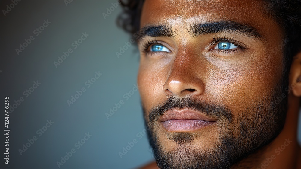 A cropped close-up portrait of a handsome man gazing dreamily off-camera, as if lost in thought, isolated against a gray background. A cropped close-up portrait of a handsome man gazing dreamily off-camera, as if lost in thought, isolated against a gray background.