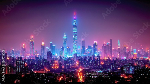 Wallpaper Mural Neon Cityscape: Taipei Skyline at Night - A Dazzling Urban Panorama Torontodigital.ca