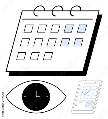 Calendar with highlighted dates, eye-shaped clock symbol, and digital clipboard showing graphs. Ideal for scheduling, planning, time management, productivity, reporting, analysis abstract line flat