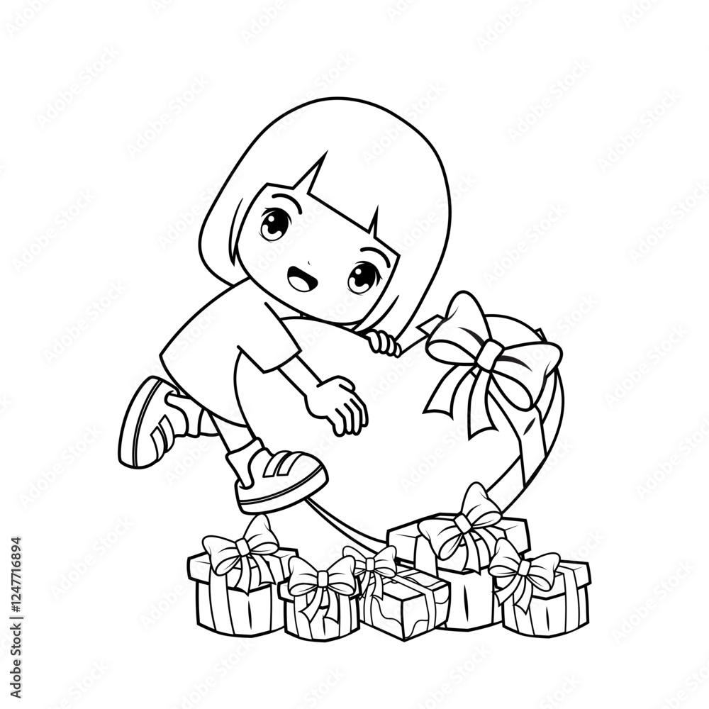 Valentine Day Coloring Page with cute girl Valentine Day Coloring Page with cute girl