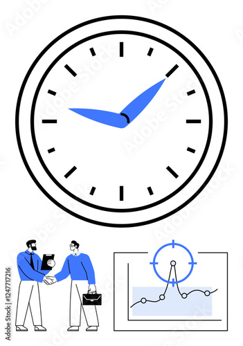 Large clock represents time handshake signifies collaboration chart highlights performance goals. Ideal for teamwork, productivity, planning, workflow, business growth, deadlines, abstract line flat