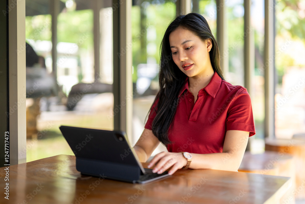 A woman in a red shirt is sitting at a table with a laptop in front of her A woman in a red shirt is sitting at a table with a laptop in front of her