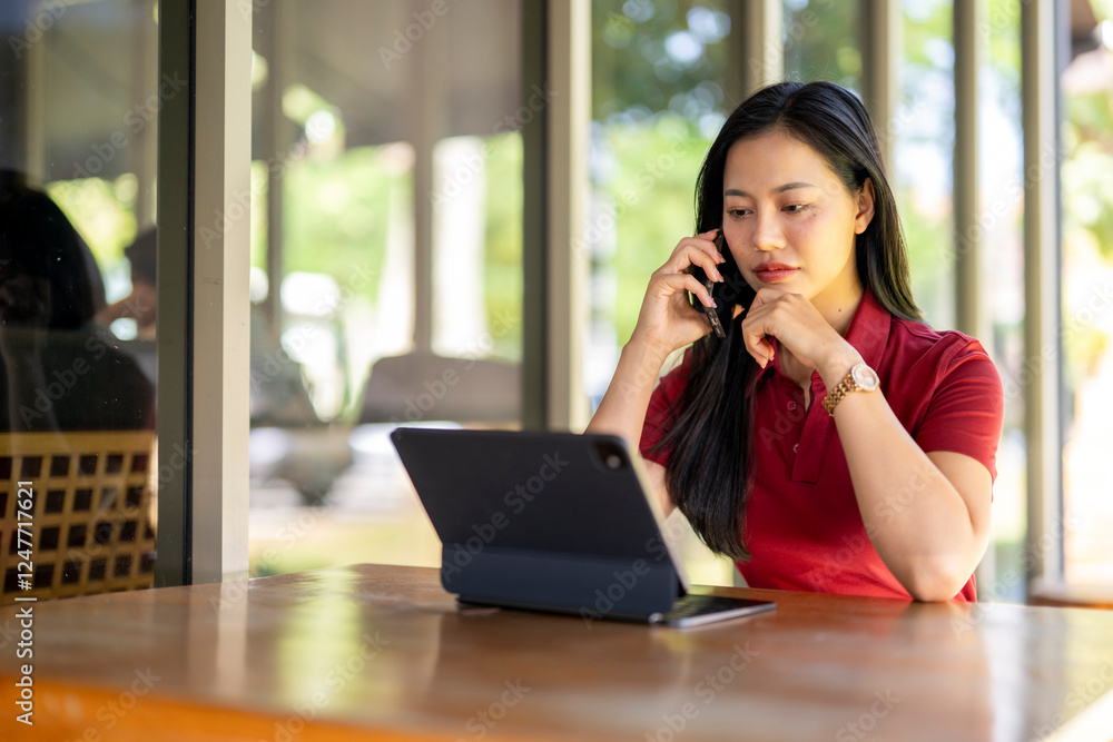 A woman in a red shirt is talking on her cell phone while looking at a laptop A woman in a red shirt is talking on her cell phone while looking at a laptop