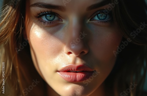 Wallpaper Mural Close-up portrait of Caucasian woman with striking blue eyes, pouty lip. Intense light, shadow create dramatic composition on face. Beautiful brunette. Focus on beauty, skincare. Appears Torontodigital.ca