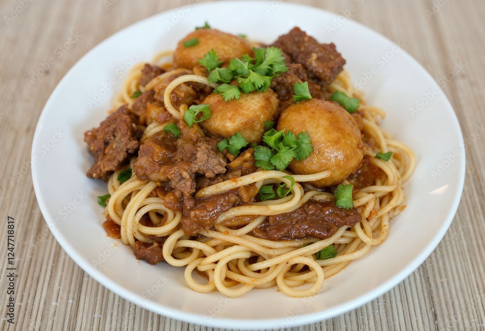 dry thin noodles with stewed pork and pork ball dry thin noodles with stewed pork and pork ball
