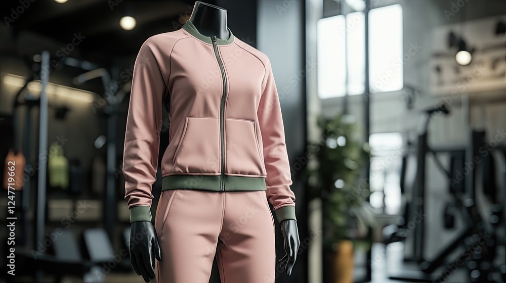Fototapeta premium Pink athletic tracksuit displayed on a mannequin in a gym setting.
