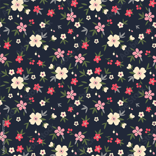 Wallpaper Mural Seamless floral pattern with red and white flowers on a dark background. Seamless retro floral pattern with soft pastel flowers on navy blue. Torontodigital.ca